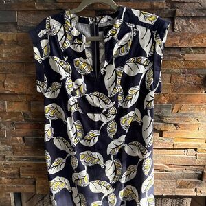 J. Crew Navy and White Leaf Pattern Midi Dress